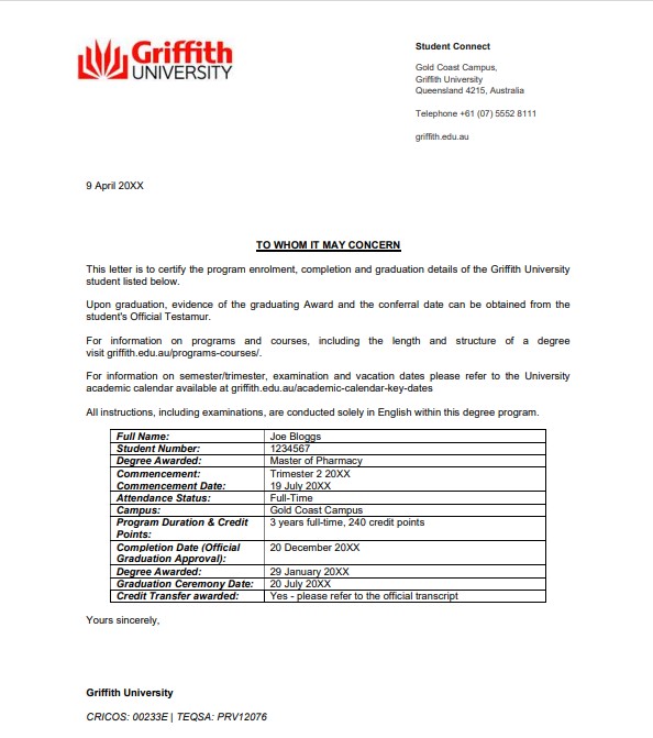 Official Letter - Undergraduate and Postgraduate degrees