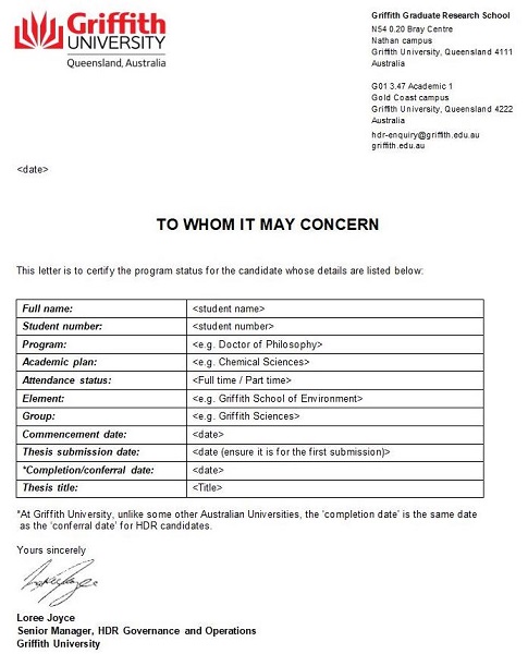 Official Letter - Thesis and Completion Research Degrees Only